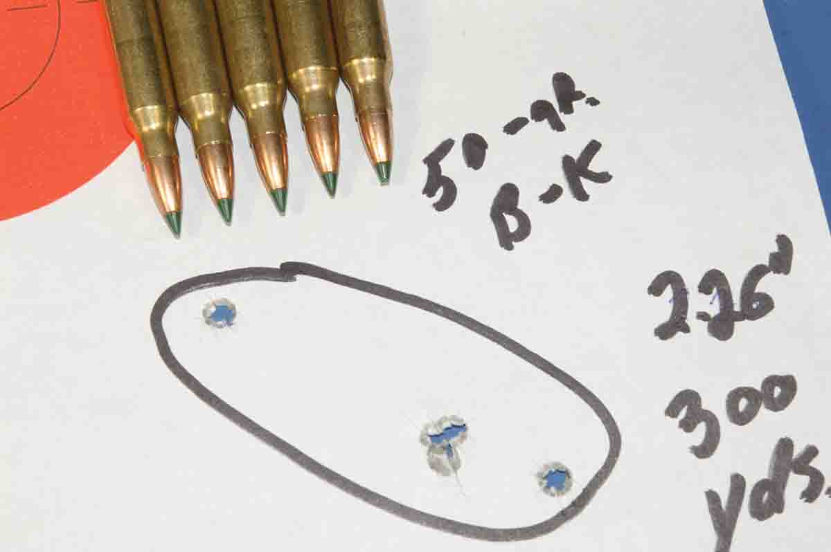 This five-shot group was shot with Sierra 55-grain BlitzKing bullets from a .22-250 Remington. A polymer tip reduces bullet drop a couple of inches at 300 yards over lead-tip bullets.